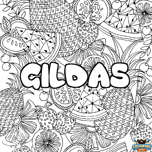 Coloring page first name GILDAS - Fruits mandala background