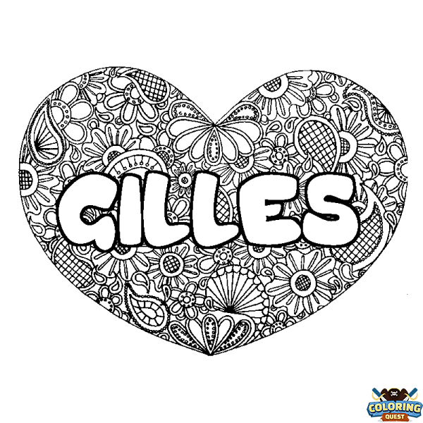 Coloring page first name GILLES - Heart mandala background