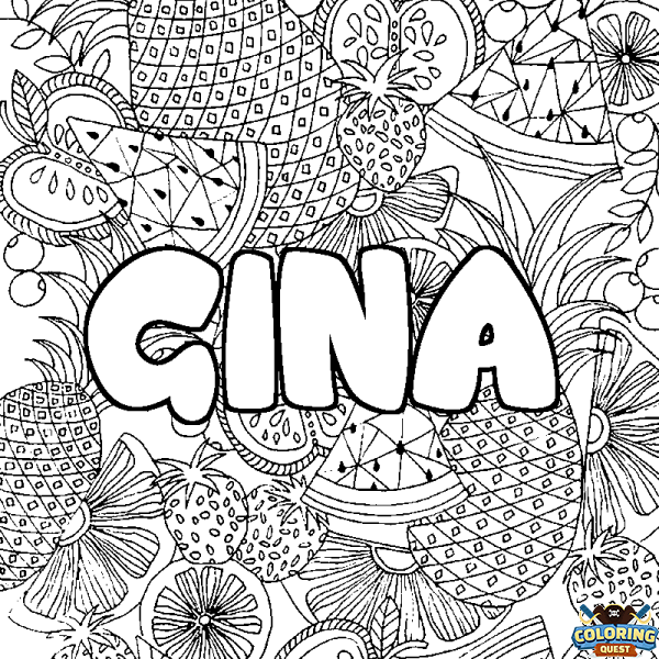 Coloring page first name GINA - Fruits mandala background