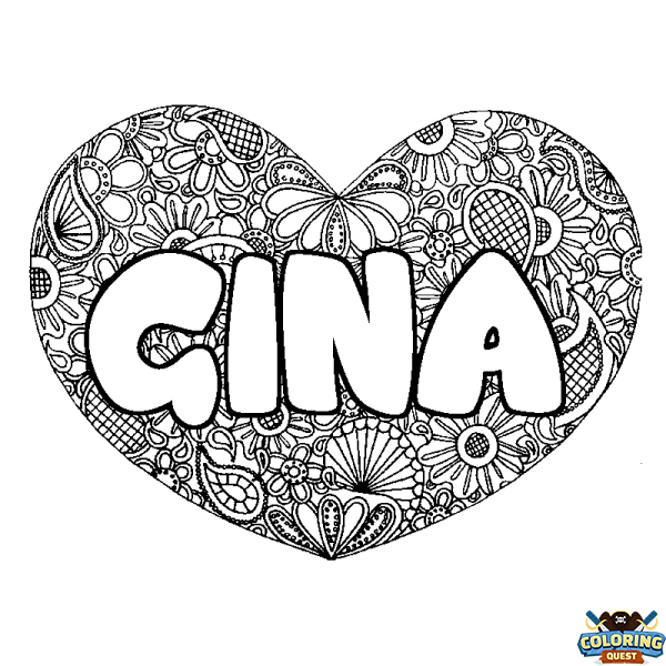 Coloring page first name GINA - Heart mandala background