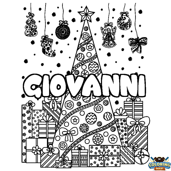 Coloring page first name GIOVANNI - Christmas tree and presents background