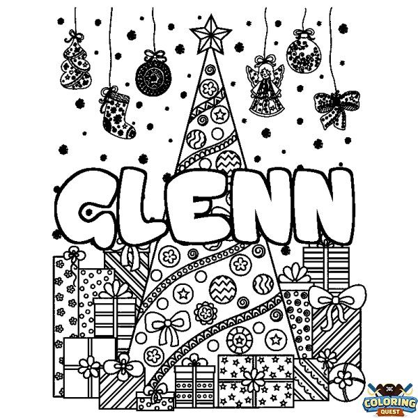 Coloring page first name GLENN - Christmas tree and presents background