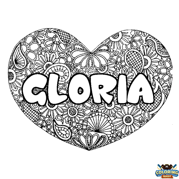 Coloring page first name GLORIA - Heart mandala background