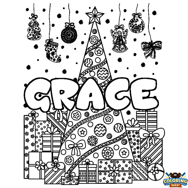 Coloring page first name GRACE - Christmas tree and presents background