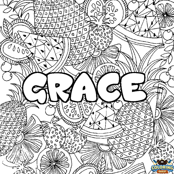 Coloring page first name GRACE - Fruits mandala background