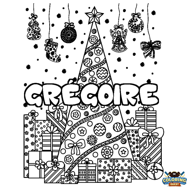 Coloring page first name GR&Eacute;GOIRE - Christmas tree and presents background