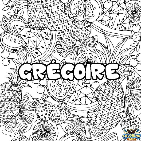 Coloring page first name GR&Eacute;GOIRE - Fruits mandala background