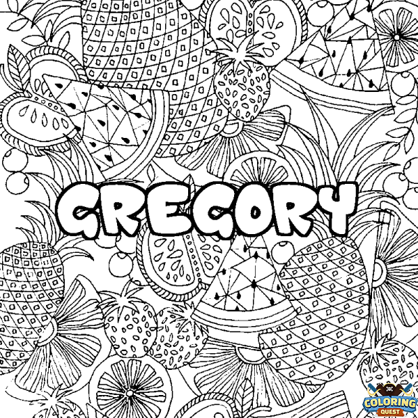 Coloring page first name GREGORY - Fruits mandala background