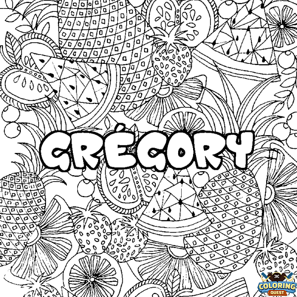 Coloring page first name GR&Eacute;GORY - Fruits mandala background