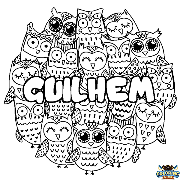 Coloring page first name GUILHEM - Owls background