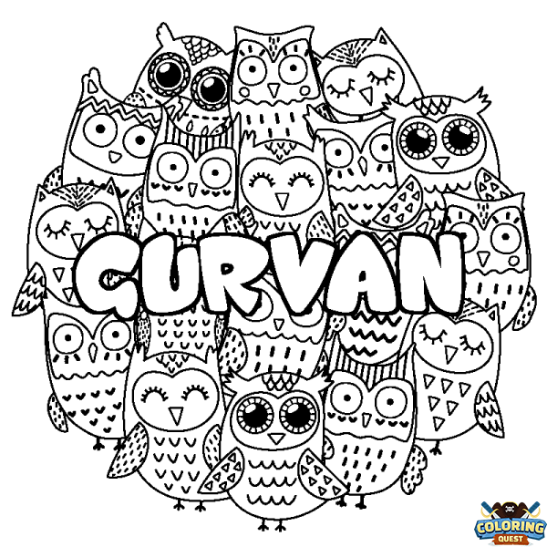 Coloring page first name GURVAN - Owls background