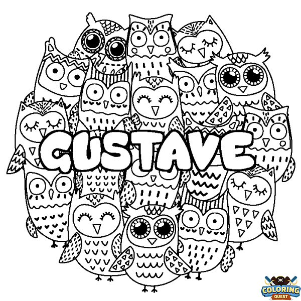 Coloring page first name GUSTAVE - Owls background