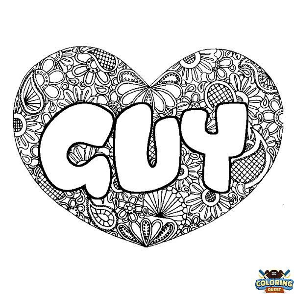 Coloring page first name GUY - Heart mandala background