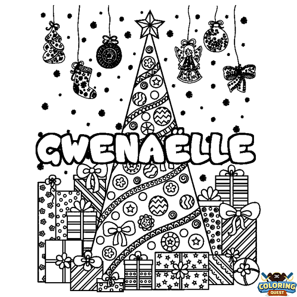 Coloring page first name GWENA&Euml;LLE - Christmas tree and presents background