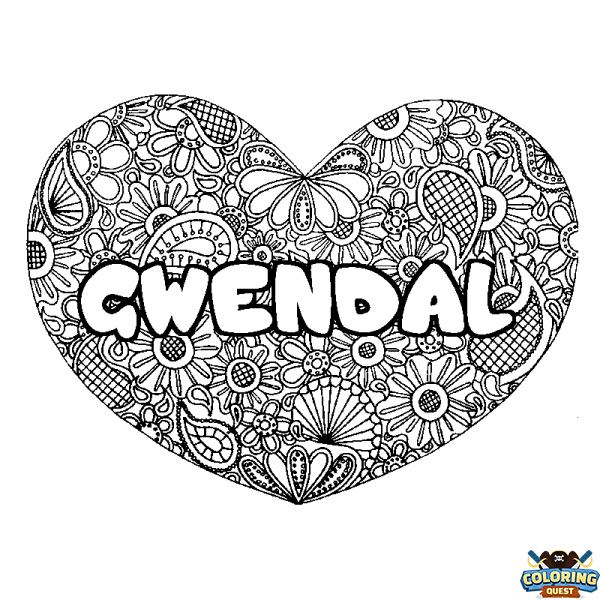 Coloring page first name GWENDAL - Heart mandala background