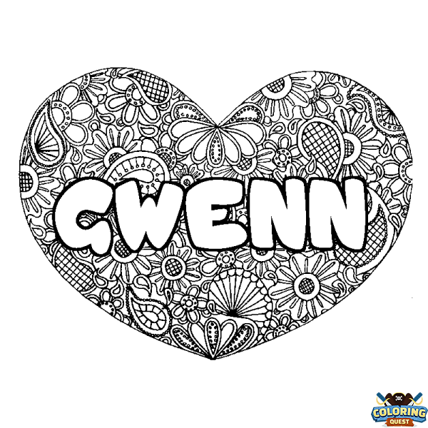 Coloring page first name GWENN - Heart mandala background