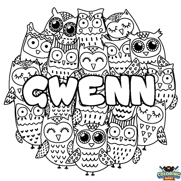 Coloring page first name GWENN - Owls background