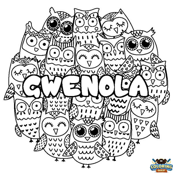 Coloring page first name GWENOLA - Owls background