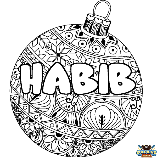Coloring page first name HABIB - Christmas tree bulb background