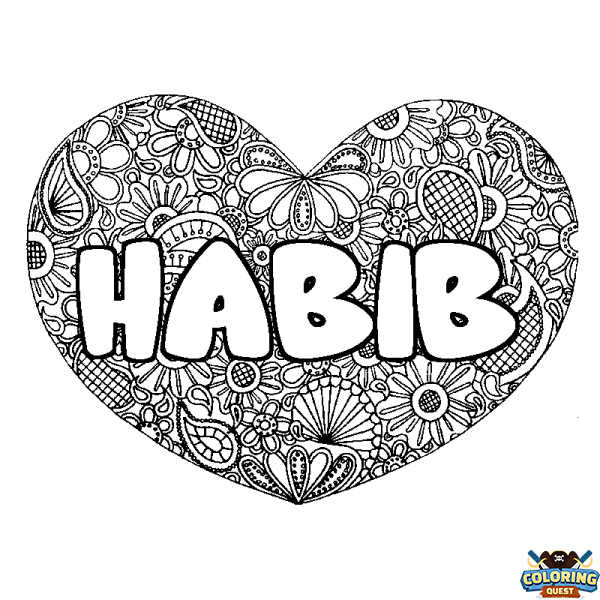 Coloring page first name HABIB - Heart mandala background