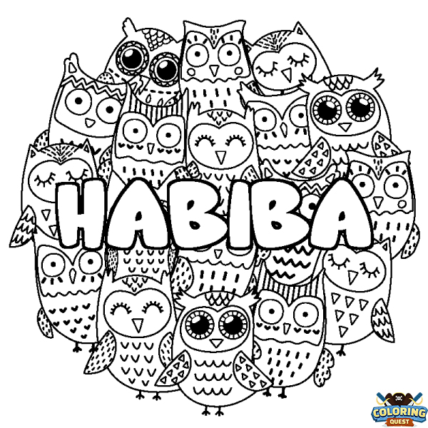 Coloring page first name HABIBA - Owls background
