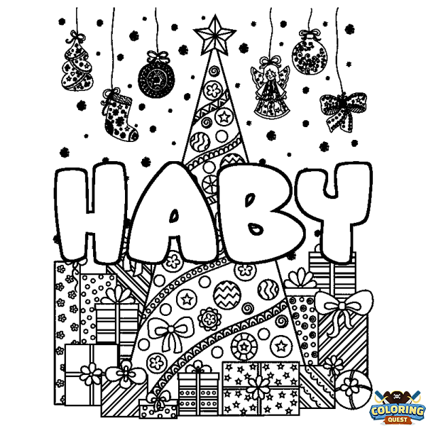 Coloring page first name HABY - Christmas tree and presents background