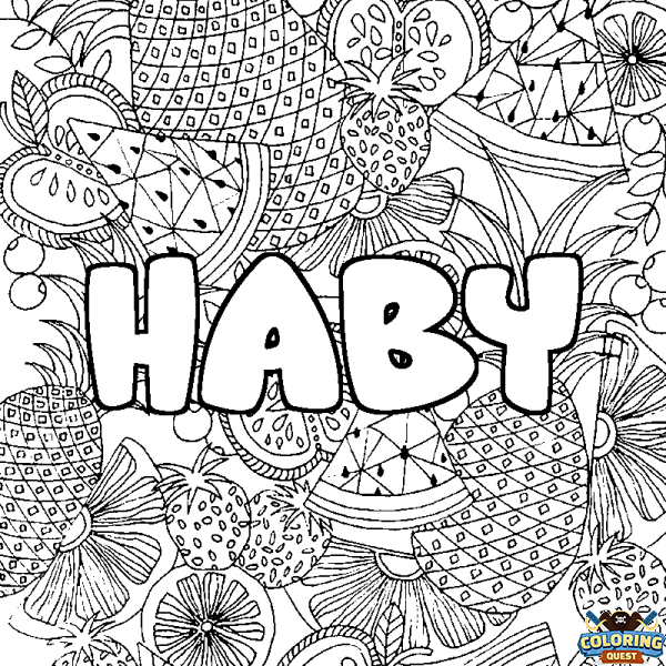 Coloring page first name HABY - Fruits mandala background