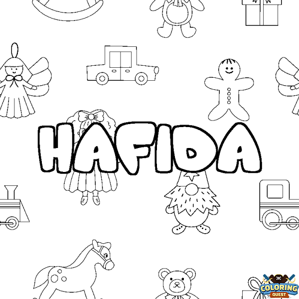 Coloring page first name HAFIDA - Toys background