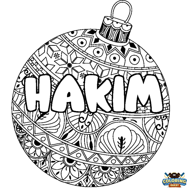 Coloring page first name HAKIM - Christmas tree bulb background
