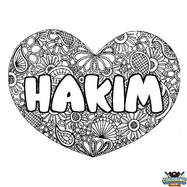 Coloring page first name HAKIM - Heart mandala background