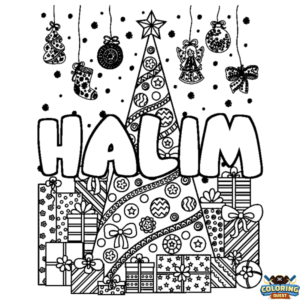 Coloring page first name HALIM - Christmas tree and presents background
