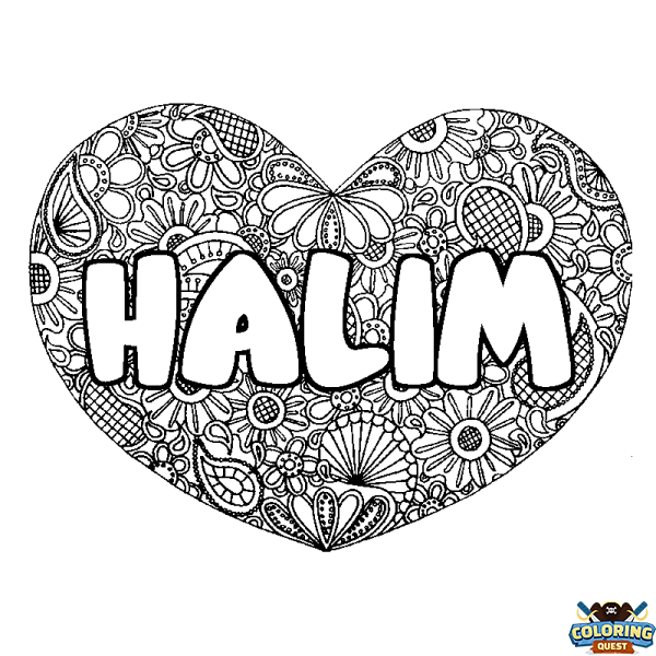 Coloring page first name HALIM - Heart mandala background