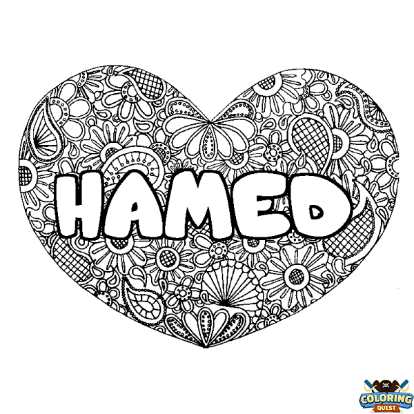 Coloring page first name HAMED - Heart mandala background