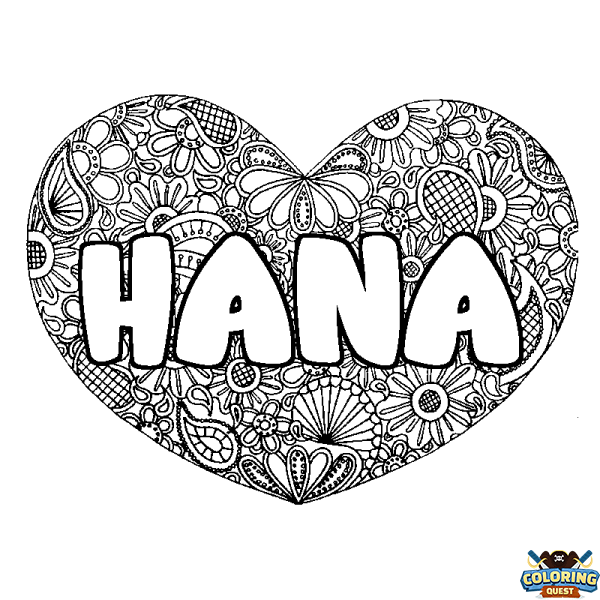 Coloring page first name HANA - Heart mandala background