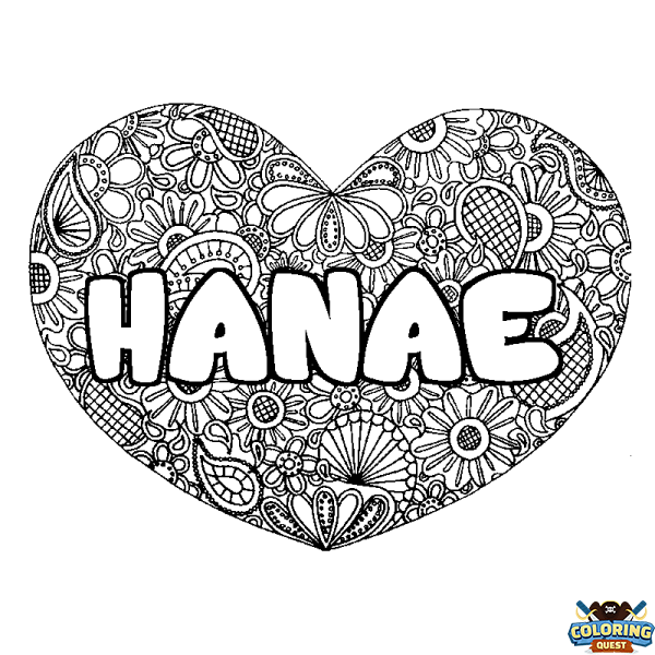 Coloring page first name HANAE - Heart mandala background