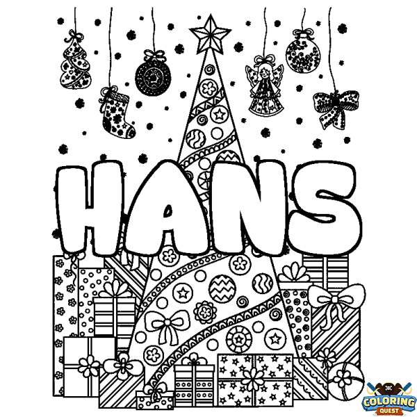 Coloring page first name HANS - Christmas tree and presents background