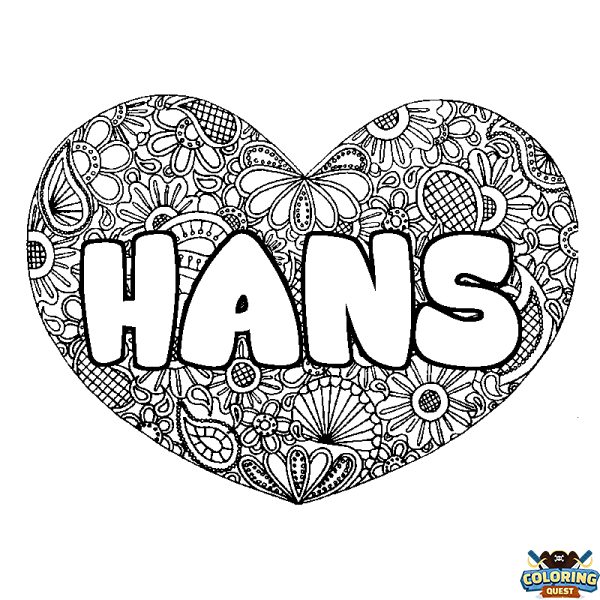 Coloring page first name HANS - Heart mandala background