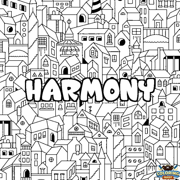 Coloring page first name HARMONY - City background