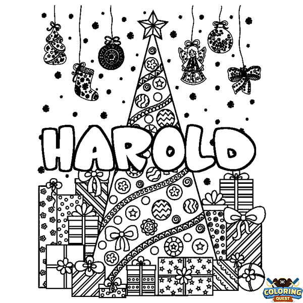 Coloring page first name HAROLD - Christmas tree and presents background