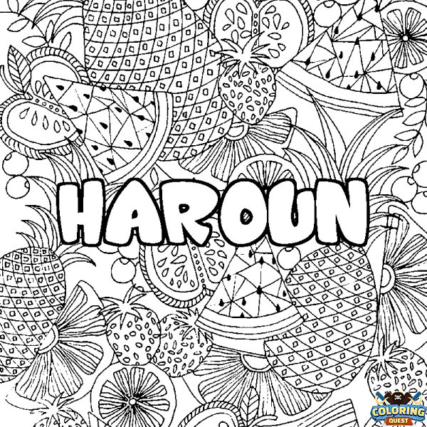 Coloring page first name HAROUN - Fruits mandala background