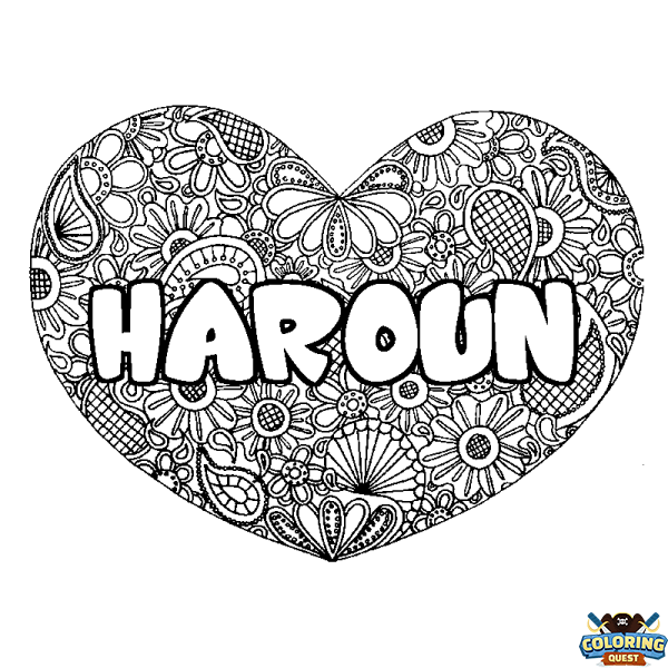 Coloring page first name HAROUN - Heart mandala background