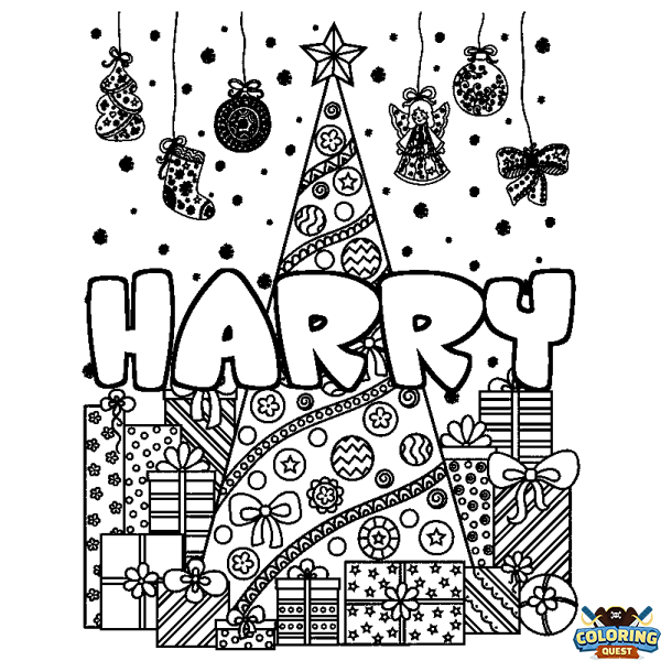 Coloring page first name HARRY - Christmas tree and presents background