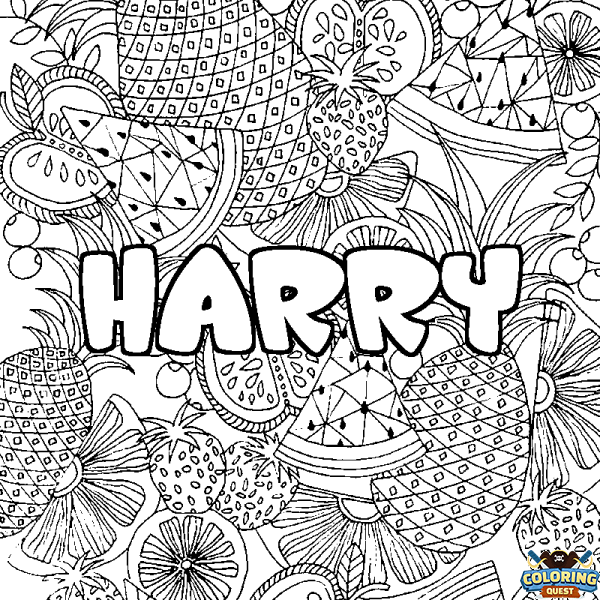 Coloring page first name HARRY - Fruits mandala background