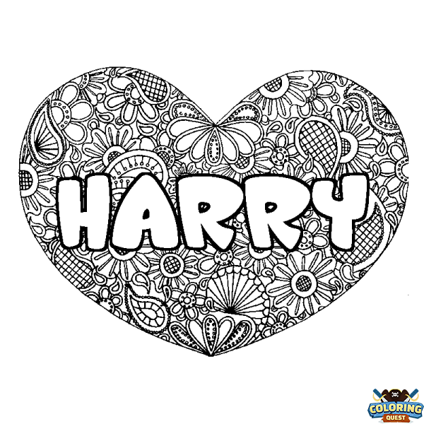 Coloring page first name HARRY - Heart mandala background