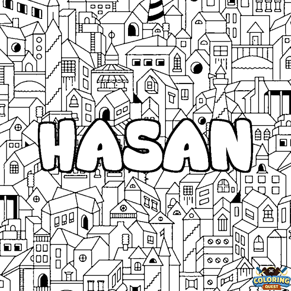 Coloring page first name HASAN - City background