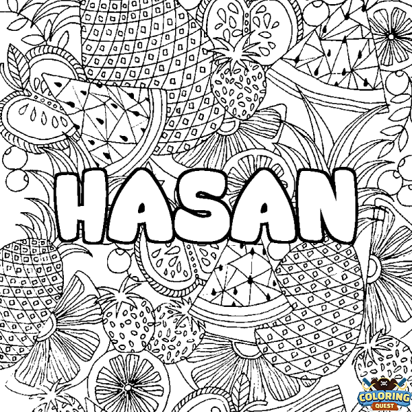 Coloring page first name HASAN - Fruits mandala background