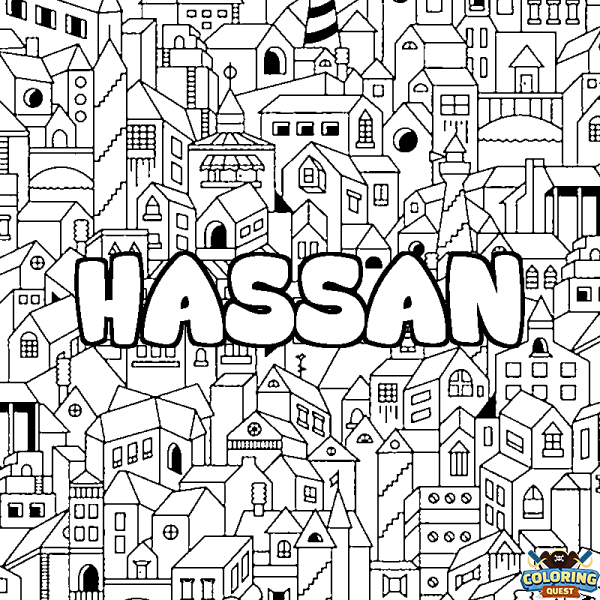 Coloring page first name HASSAN - City background