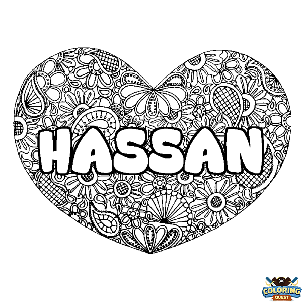 Coloring page first name HASSAN - Heart mandala background