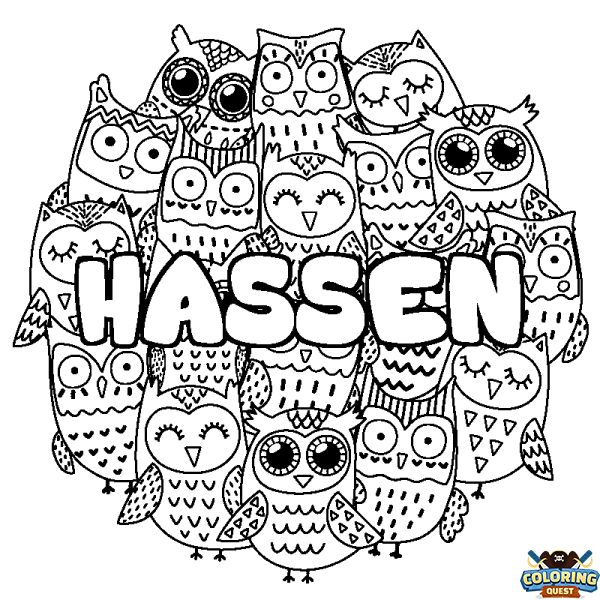 Coloring page first name HASSEN - Owls background