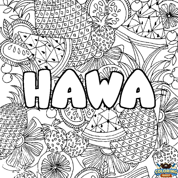 Coloring page first name HAWA - Fruits mandala background